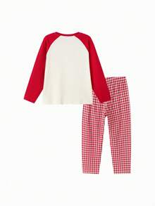 Balabala 2pcs/Set Tween Girls' Spring New Cotton Letter & Cartoon Dog Print Raglan Sleeve Top And Plaid Pants Pajama Set - Red Hue - View 5