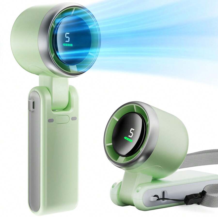 Portable Handheld Mini Fan, Foldable Powerful Winds Turbo Fan, 10000mAh Battery & 50000RPM Speed, USB Rechargeable Personal Fans With 5 Speed, Digital Display For Women Men Travel Camping Outdoor - 薄荷綠 - 查看 1