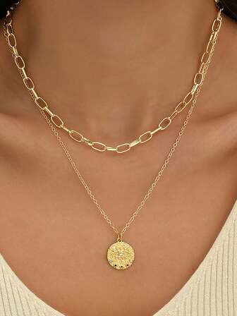 1pc Fashionable And Personalized Eye Round Pendant Double Layer Clavicle Necklace Gorgeous Style Pendant Necklace Suitable For Parties, Gatherings, Special Holiday Events And Holiday Gifts