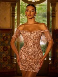 Faeriesty Đầm dạ hội nữ ôm sát, trễ vai, có tua rua, thích hợp cho đám cưới, dạ tiệc, sự kiện công ty, dạ hội từ thiện và lễ trao giải, thanh lịch mùa xuân. - Rượu sâm banh - Xem 2