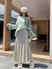 百搭柔软褶皱A字裙，高腰，飘逸，厚面料，2025秋冬新品 - 米色 - 查看 3