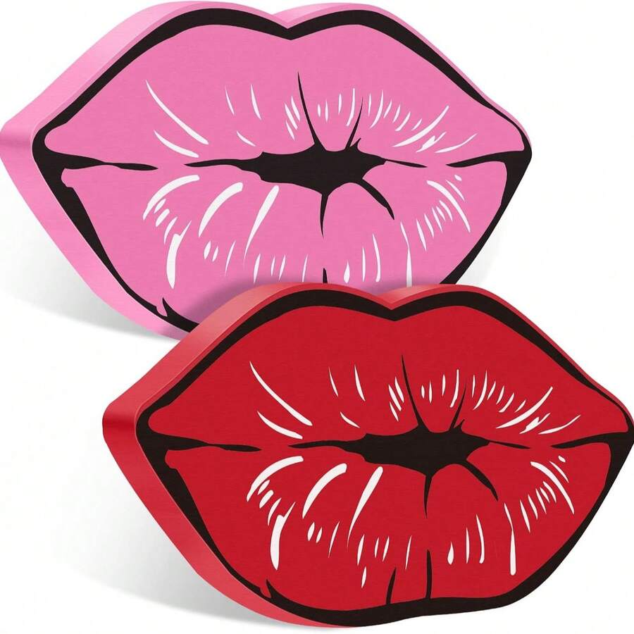 1 pieza/2 piezas Decoración de labios grandes de madera en rojo brillante/rosa suave - Diseño encantador y romántico, tamaño aproximado de 16 x 9 x 1,2 cm, decoración artesanal para el hogar, ideal para la decoración de la mesa/bandeja del Día de San Valentín, decoración para propuestas/fiestas de amor y regalo de aniversario romántico - Multicolor - Ver 1