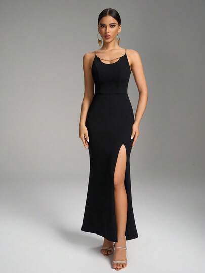 Fuaheng V-Neck Metal Strap Waist Cinched Slim-Fit High Slit Black Bodycon Cocktail Dress Party