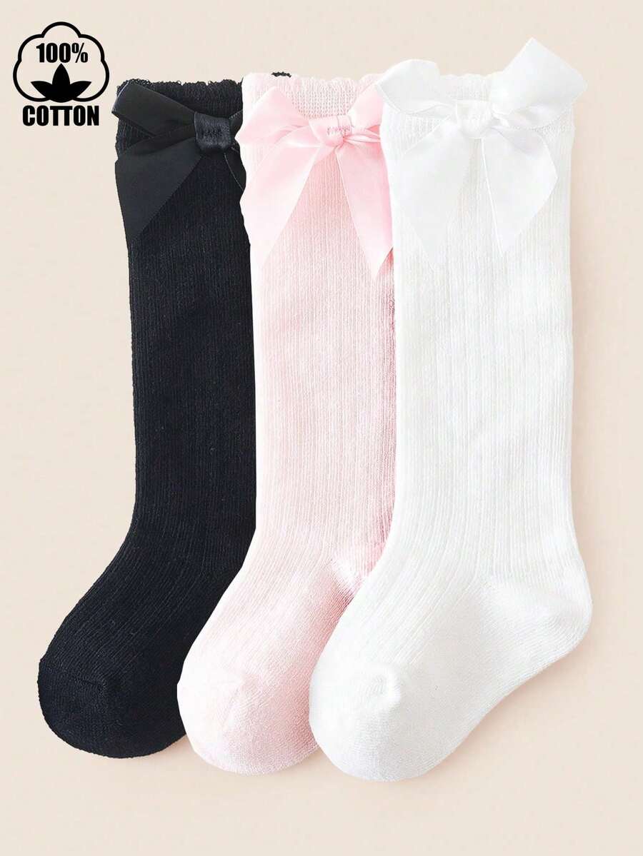 3双装纯棉儿童中筒袜，儿童蝴蝶结过膝防滑柔软婴儿袜 - 彩色 - 查看 1