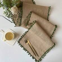 1pc Tasseled Table Runner, Square Jute Pom Pom Tabletop Decor, Christmas Party Holiday Tablecloth, Reusable Wedding Festival Table Mat - Multicolor - View 13
