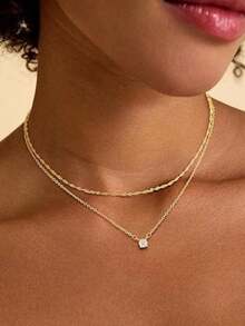 Tsnamer 女士多层金项链 时尚14K镀金心形CZ吊坠 多层金项链套装 硬币项链 简约圆形立方氧化锆珍珠项链 多层人字纹夹链首饰套装 - 2件套裝 - 查看 4