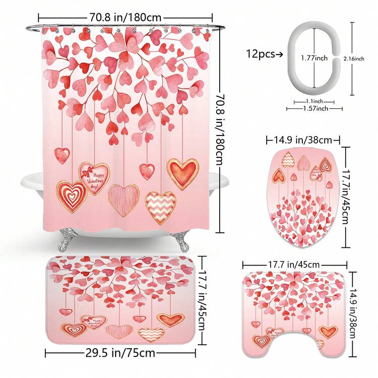 1件/4件情人节格子爱心浴帘套装，含12个挂钩，复古卡车、小矮人图案，粉色复古爱心浴室装饰，非常适合浴室装饰、家居装饰和情人节装饰。 - 彩色 - 查看 11
