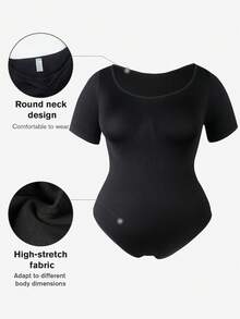 1pc Plus Size Women Shapewear, Tummy Control, Butt Lifting, Jumpsuit With Short Sleeves, Summer - Black - View 8