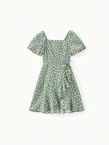 Mommy And Me Green Polka Dot Dresses Puff Sleeve Wrap Dress For Mom, Girl, And Baby, Ruffle Hem Family Matching Outfit - 綠色 - 查看 8
