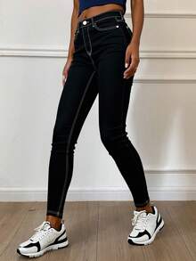 Livesso Women's Color-Block Stitching Slim Fit Denim Pants - Black - View 6