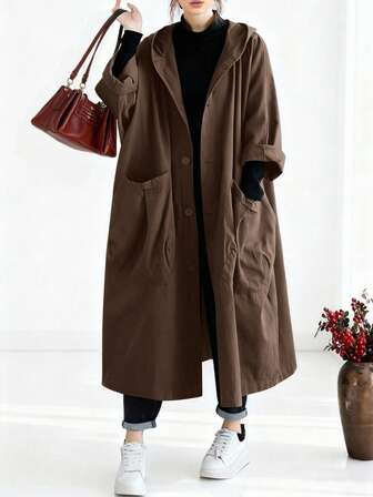 Women's Loose Long Trench Coat With Big Pockets, Button Front, Hooded, Casual Versatile Chinese Style Jacket For Autumn/Winter