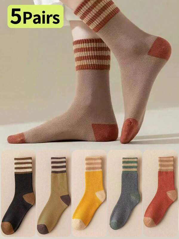 5 pares de calcetines de tripulación a rayas, calcetines gruesos y forrados térmicamente para mujer, adecuados para varias ocasiones en invierno, calcetines acogedores