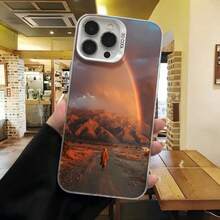 Cubierta de teléfono con diseño de montaña y arcoíris color marrón oscuro para iPhone 15 Pro Max ideal para uso diario en cafeterías - Blanco - Ver 2