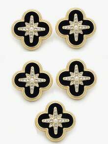 5颗四叶草珍珠水钻金属纽扣，百搭黑色纽扣，优雅风格，适用于外套、毛衣、连衣裙 - 花 - 查看 4