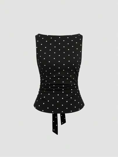 Women's Fashion Plunging Neck Tie Polka Dot Ruched Bandeau Top Casual Black
