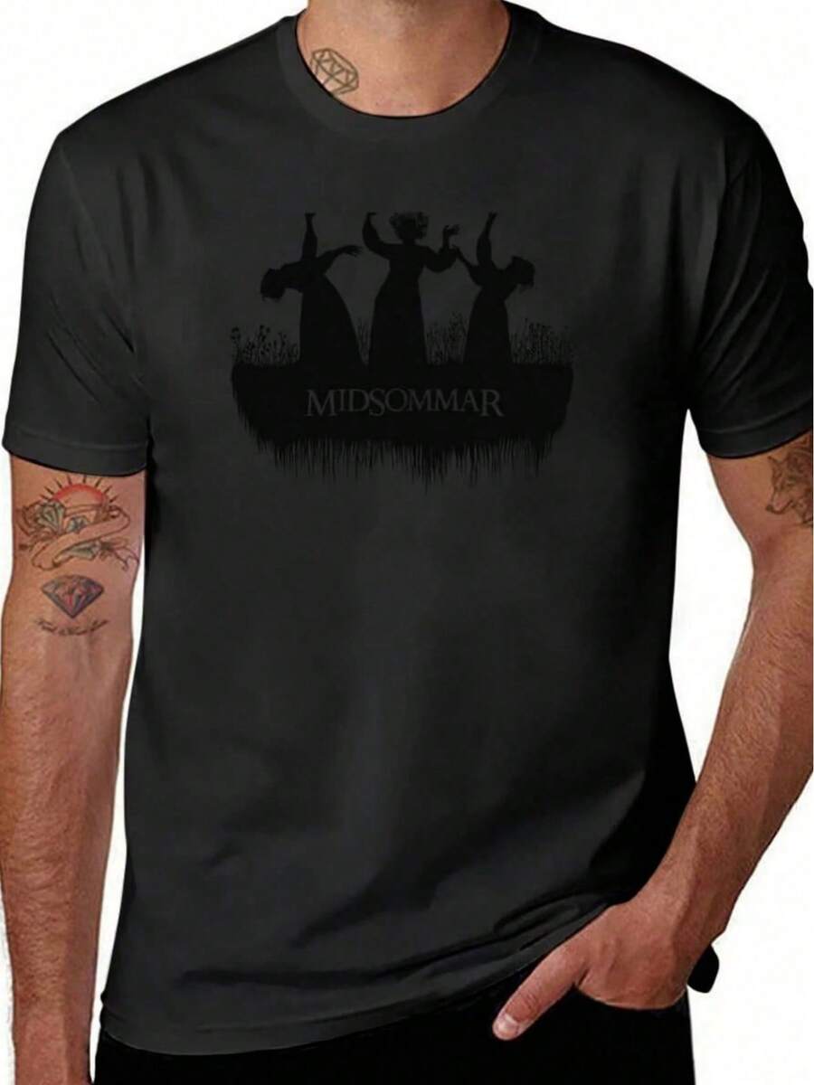 Midsommar Men's Swedish Festival T-Shirt - Minimalist Midsommar Graphic Tee, All-Season Casual Shirt For Daily & Party Wear, Machine Washable Breathable Top - Essential For Midsummer Celebrations & Casual Fashion - Ideal Gift For Swedish Culture Fans, Bold Print Design, Streetwear Enthusiasts, Versatile Layering Piece, Short Sleeve Shirt, Durable Material, Festival Enthusiasts - 黑色 - 查看 1