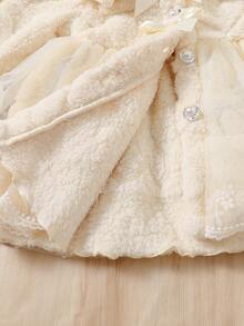 女婴可爱纯色仿毛领长袖双蝴蝶结装饰花卉网纱单排扣开衫，时尚百搭的中长款保暖外套，适合秋冬季日常、聚会、外出等场合。 - 杏色 - 查看 6