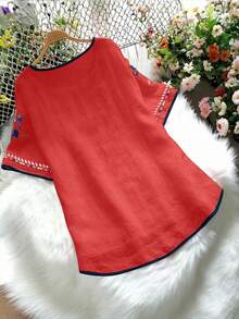 Áo cánh Boho Vintage rộng rãi thêu họa tiết cho nữ, Áo thường ngày mùa xuân/hè - Đỏ - Xem 2