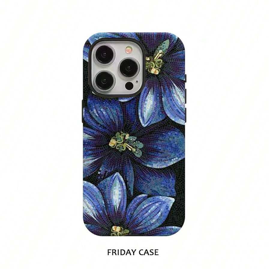 Funda de Teléfono Vintage de Moda con Flor Azul para iPhone 17 17 Pro 16 Pro Max 15P 13 11 12 XS 8 Plus 7 Funda Brillante 2 en 1 - Colores mixtos - Ver 1