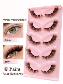 Rikuaild 5 Pairs DIY Brown Cat Eye False Eyelashes, Transparent Band, Natural Invisible, Fox Eye Fake Lashes, Brown Eyelashes, Faux Mink Lashes, Criss-Cross Fluffy Full Strip Reusable Lashes, Natural Makeup Effect, Eyelash Extension - 眼尾拉長款 - 查看 5