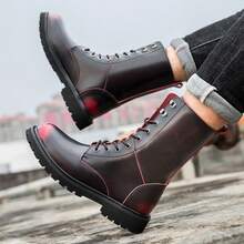 Shiny Soft Leather Non Abrasive High Top Leather Riding Boots, Thick Soled Height Increasing Boots For Men, Red Border Contrasting Motorcycle Boots, A Must-Have For Men In Autumn And Winter, High-Quality And Comfortable Men's Boots, Outdoor Large Size 38-48 Men's Casual Shoes(Asymmetric Pattern) - Apply Red - View 7