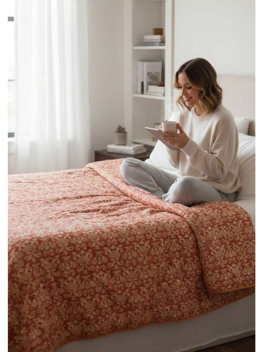 Colcha de excelente calidad, El abrazo cálido que tu cama necesita, Un antes y un después para tu habitación - naranja beigs - Ver 1