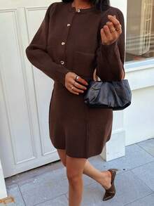 DEEKA Autumn/Winter New Women's Gold Button Crew Neck Fitted Long Sleeve Knit Cardigan & High Waist Elastic Mini Skirt Set - Brown - View 2