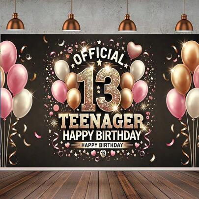 2D平面单件装亮面玫瑰金13岁生日横幅 - 耐用涤纶材质，可重复使用，青少年派对装饰，印有“Official Teenager”字样，包含气球和星星，适用于家庭、庭院、影棚道具和节日庆典，时尚气球布置，光滑表面，生日派对装饰