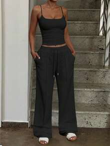Women Solid Color Camisole & Drawstring Waist Pants Casual Suit - Black - View 4