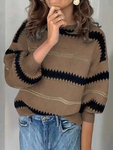 Sweater Pullover Longgar Bergaris Kasual Wanita dengan Bahu Jatuh - MultiWarna - View 5