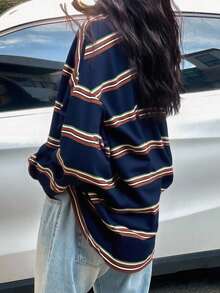 DAZY Áo thun tay dài kẻ sọc khối màu dáng rộng dành cho nữ, áo chui đầu thường ngày cho mùa xuân/hè, quần áo mùa thu - Màu xanh hải quân - Xem 8