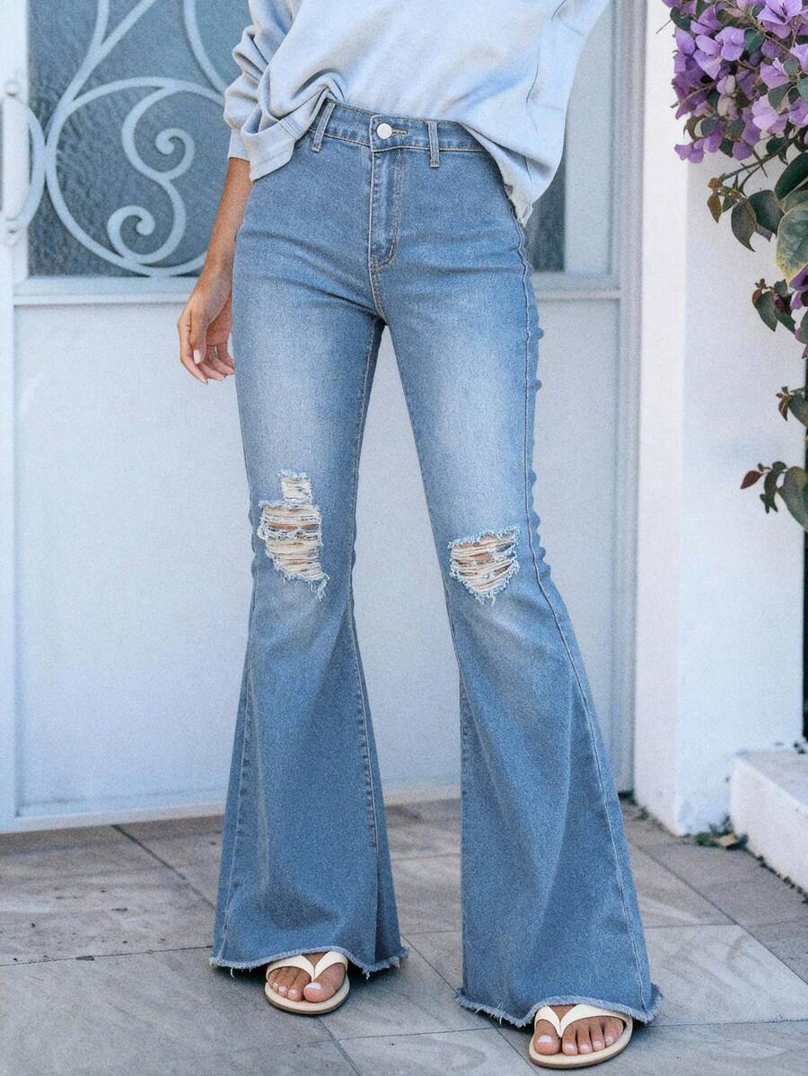 （棉混纺）女式复古破洞弹力喇叭牛仔裤 - 淺色水洗藍 - 查看 1