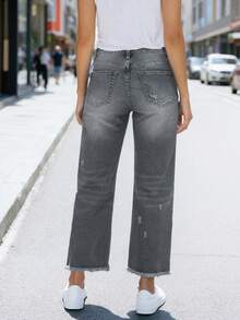 Comfortable Loose Fit Stretchy Distressed Washed Blue Frayed Hem Straight Leg Jeans For Women, Street Style Casual Spring - Grey - View 3