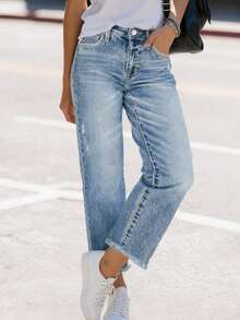 舒适宽松弹力水洗做旧蓝色毛边直筒牛仔裤，女款，街头休闲春季风 - 淺色水洗藍 - 查看 5