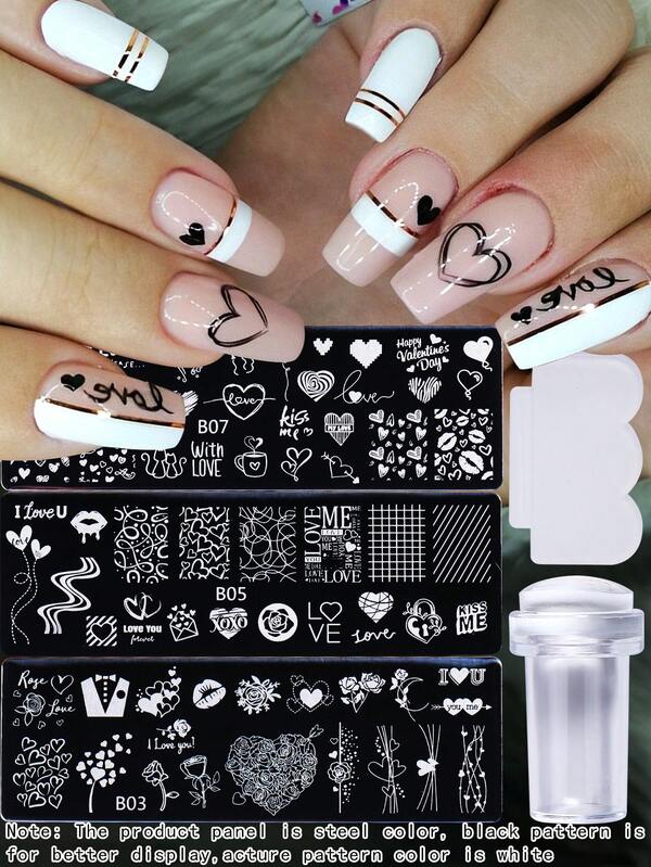 3 Modelos de Arte de Unhas com Padrão de Amor do Dia dos Namorados, Suprimentos de Arte de Unhas com Tema de Amor em Forma de Coração, Envelope, Balão, Ferramentas de Arte de Unhas, Volta às Aulas, Ferramentas de Prensagem de Unhas, Incluindo 1 Peça de Cola de Silicone para Unhas + Raspador