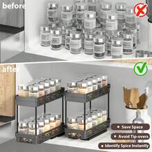 1pc/2pcs 2 Tier Multifunctional Plastic Storage Rack, Large Capacity Double Layer Cabinet Storage Organizer, Drawer Type Storage Shelves For Seasoning Bottle & Spice Jar, Pull Out Under Sink Organizer, Suitable For Cabinet, Kitchen, Restaurant And Bathroom, Space-Saving Storage Holder