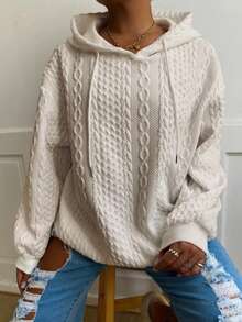 Áo sweatshirt dài tay dệt kim jacquard màu trơn dáng rộng thoải mái dành cho nữ cỡ lớn, thích hợp cho mùa xuân. - Màu be - Xem 1