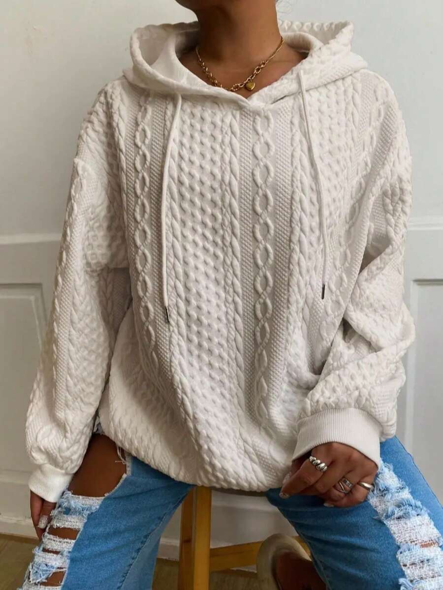 Áo sweatshirt dài tay dệt kim jacquard màu trơn dáng rộng thoải mái dành cho nữ cỡ lớn, thích hợp cho mùa xuân. - Màu be - Xem 1