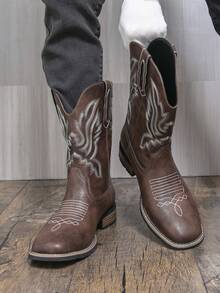 Unisex Couple Western Cowboy Boots | Black Embroidered Mid-Calf Retro Boots | Non-Slip Sole - For Men & Women Daily/Street Wear