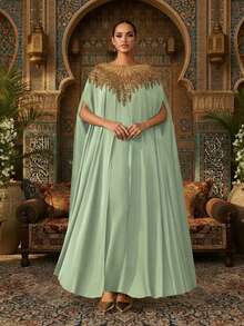 奢华绿色卡夫坦长袍，饰以金色亮片，缎面面料，派对阿巴雅长袍，卡夫坦长袍，阿巴雅长袍（宽松版型 - 请查看尺码表） - 薄荷綠 - 查看 2