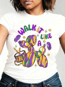 Carnival Themed Women's Graphic T-Shirt-Walk It Like A Dog Balloon Animal Mardi Gras Design ,Cotton Fabric,Festive Carnival Party Wear,Festival Wear For Women - 白色 - 查看 6