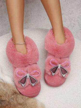 秋冬新款加厚底女士拖鞋，可爱室内防滑保暖高跟孕妇拖鞋，蝴蝶结装饰闭趾拖鞋，趣味拖鞋