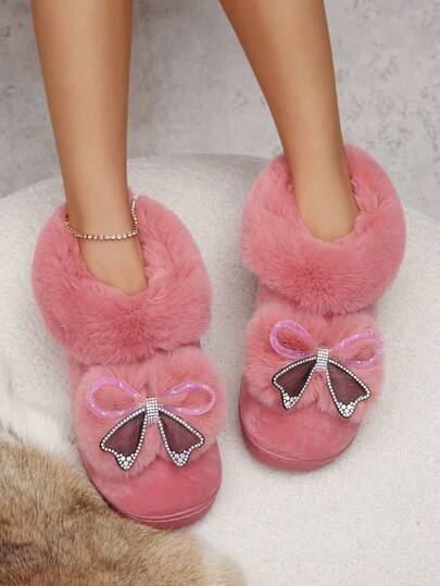 秋冬新款加厚底女士拖鞋，可爱室内防滑保暖高跟孕妇拖鞋，蝴蝶结装饰闭趾拖鞋，趣味拖鞋