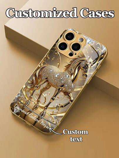 1pc Customizable Phone Case With Luxury Diamond Gold Horse Design, Tempered Glass Material, Compatible With Iphone 17 Air/16 ProMax/15 Pro/14 Plus/13 Pro/12 Pro Max/11/Xs Max/8/7/6 Plus, S24 Ultra/S25 Ultra/A12, Elegant Luxury Minimalist Design, Creative Personalized Durable Protective Case, Gift