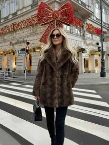 2025 Winter New Christmas & New Year Faux Fur Collar Vintage Loose Long Sleeve Faux Fur Coat For Women - Coffee Brown - View 6