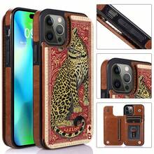 Funda tipo cartera Leopard Queen adornada con artísticos motivos de diamantes y una elegancia regia, apta para iPhone 16e, 16, 15, 14 Plus, 13, 12, 11 Pro Max, SE, 2022, 7, 8 Plus, X, XR, XS Max. Incluye tarjetero y doble cierre magnético. Funda protectora duradera. - Marrón - Ver 2