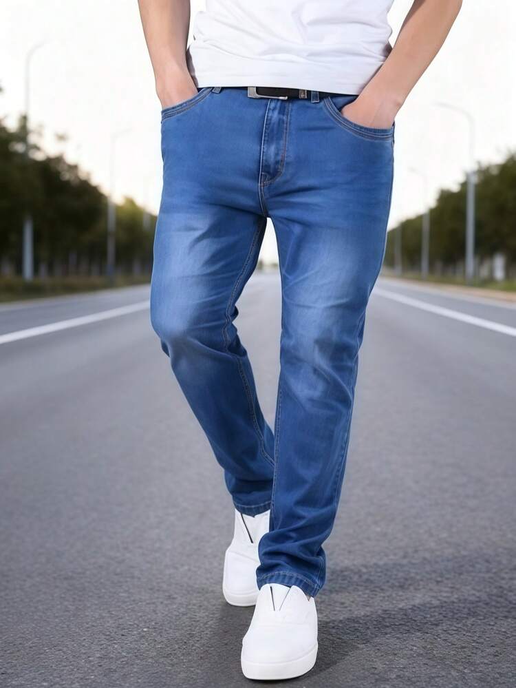 Nuevo 2025, pantalones vaqueros ajustados elásticos para hombres, jóvenes, negros, azules, azules claros, cintura media, tubos rectos, ocio diario, comodidad, adecuados para todas las estaciones - Azul claro lavado - Añade 2