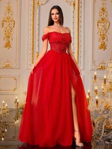 VIPGIRL New Red Off-Shoulder Fishbone Sequin Contrast Mesh Elegant Waist-Flattering Women's Formal Evening Gown - Red - View 6