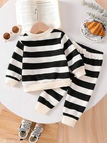 2pcs/Set Newborn Baby Boys' Black & White Striped Long Sleeve Crew Neck Top And Casual Pants Outfit, Spring/Autumn - Black and White - View 2