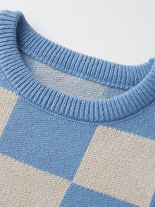 Womens Fall Winter Sweater Loose Fit Casual Checkered Ribbed Trim Crew Neck Long Sleeve Knit Tops - 藍色 - 查看 7